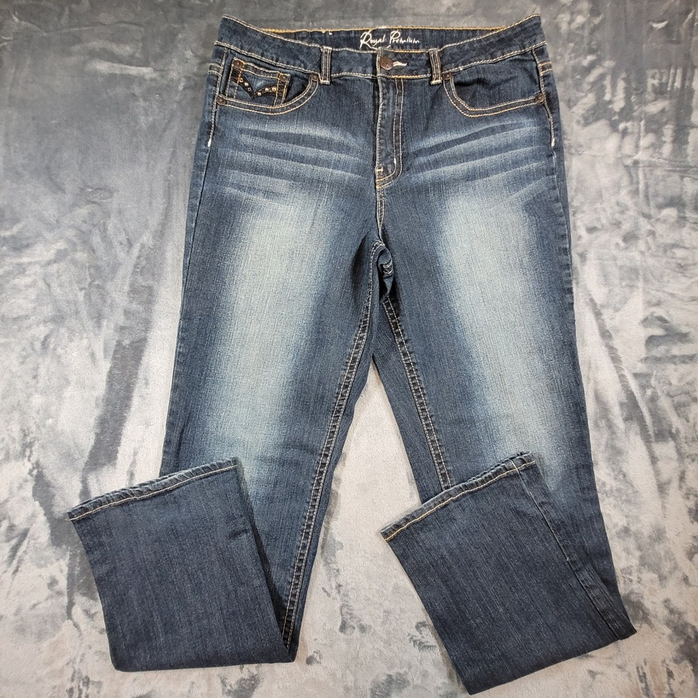 Royal Premium Womens Medium Wash Straight Leg Embroidered Rhinestone Jeans 16-18